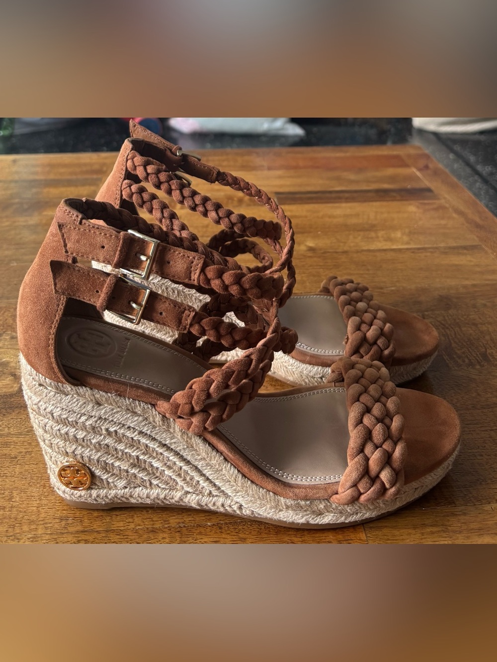 Tory Burch Camel Braided Espadrille Wedge Sandals - Size 7.5